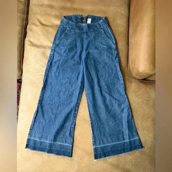Loup Wide Leg Jeans Raw Hem Side Zip 100% Cotton Womens Size Small - Picture 1 of 13